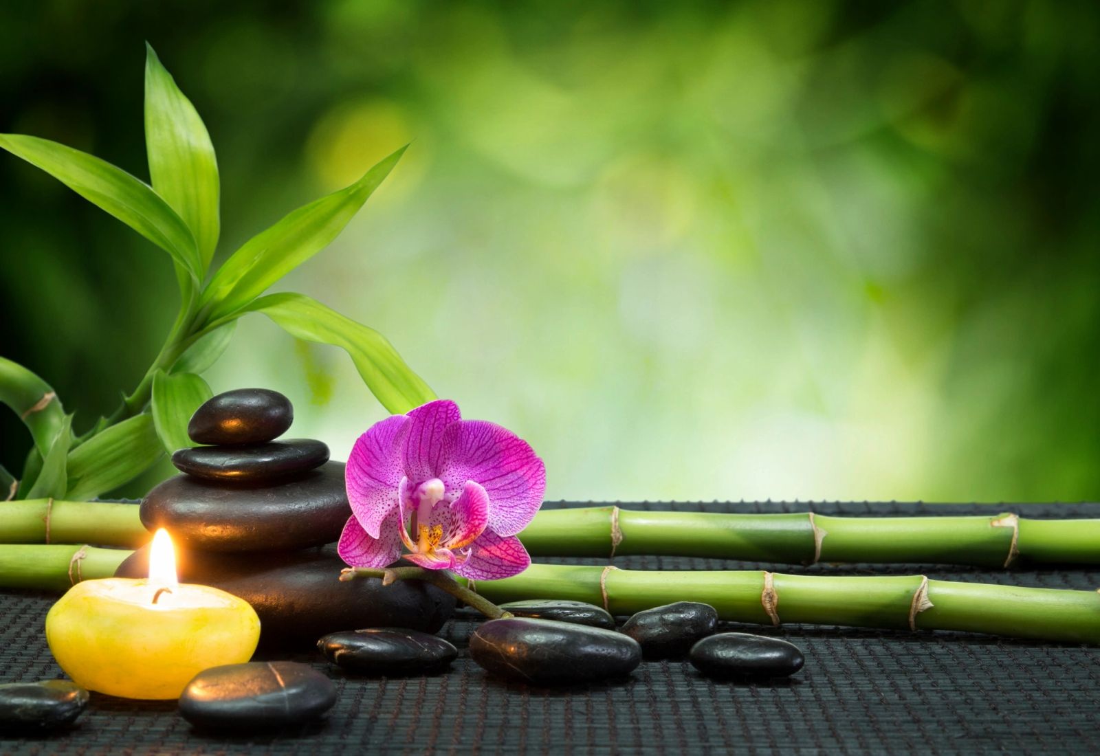 Spa stones, bamboo, orchid, and candle used as source-provided atmosphere.